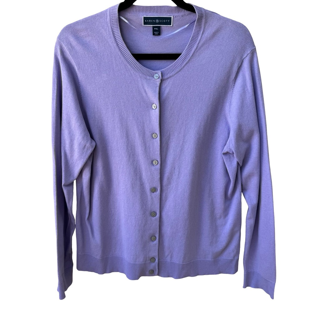 Karen Scott Preppy Professional Minimalist Cardigan Sweater Pastel Lavender XL
